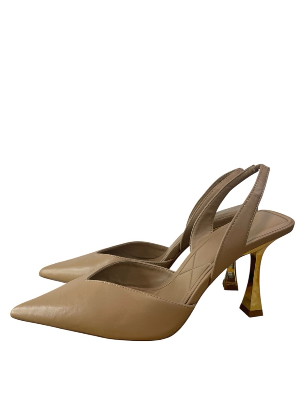 Zara Beige Pointed-Toe Slingback Heels with Gold Sculpted Heel